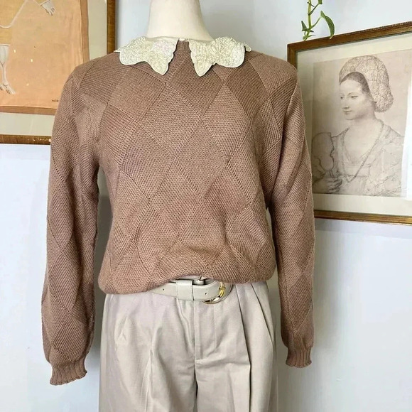 Vintage Baby Alpaca Knit Sweater Textured Diamond Pattern Beige Pullover Size S - Picture 3 of 6